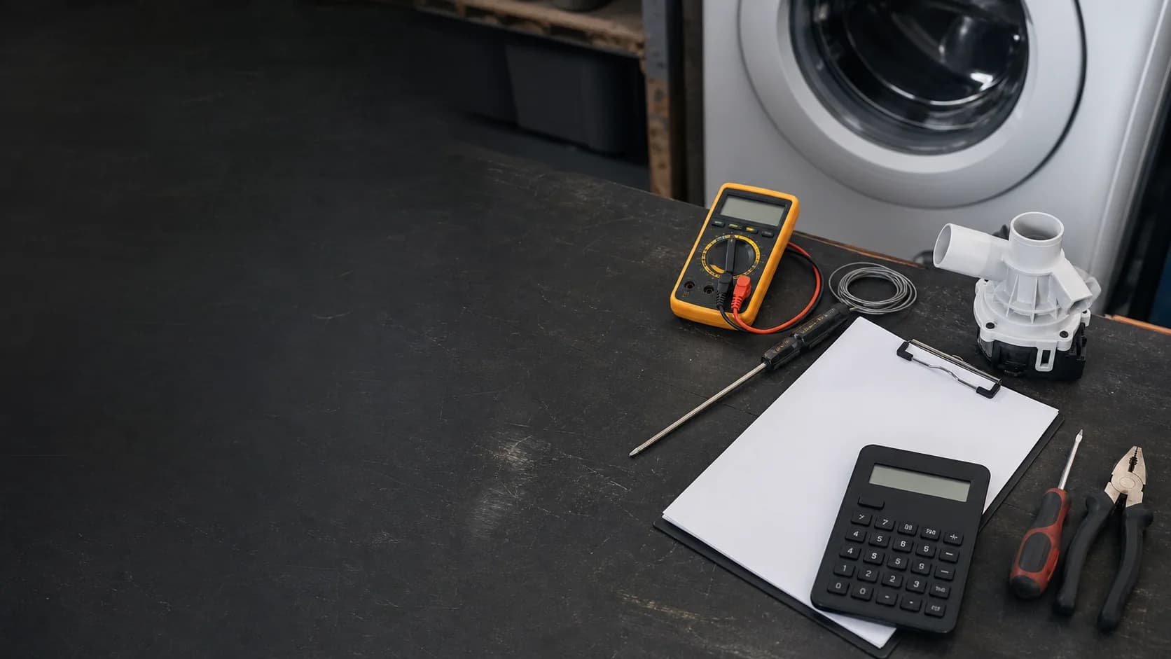 Diagnostic tools, a replacement pump, and a blank repair estimate on a workbench