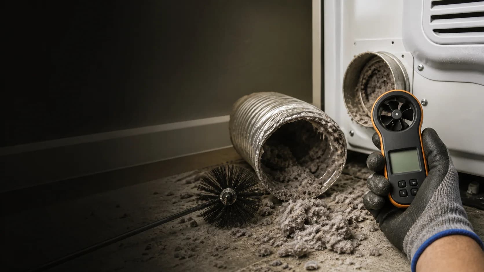 Restricted dryer vent with lint buildup and an airflow meter