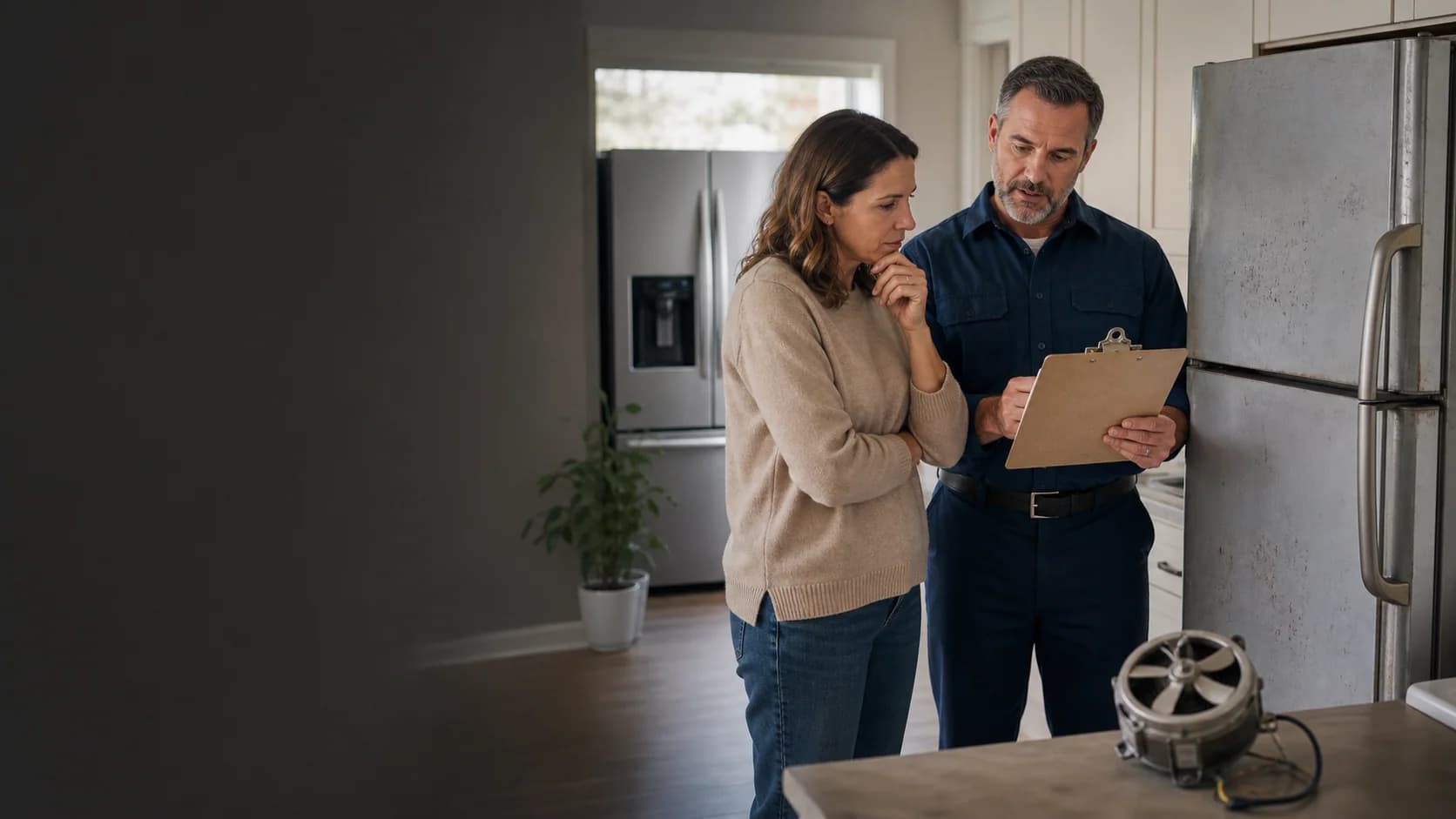 Homeowner and technician considering whether an older appliance should be repaired