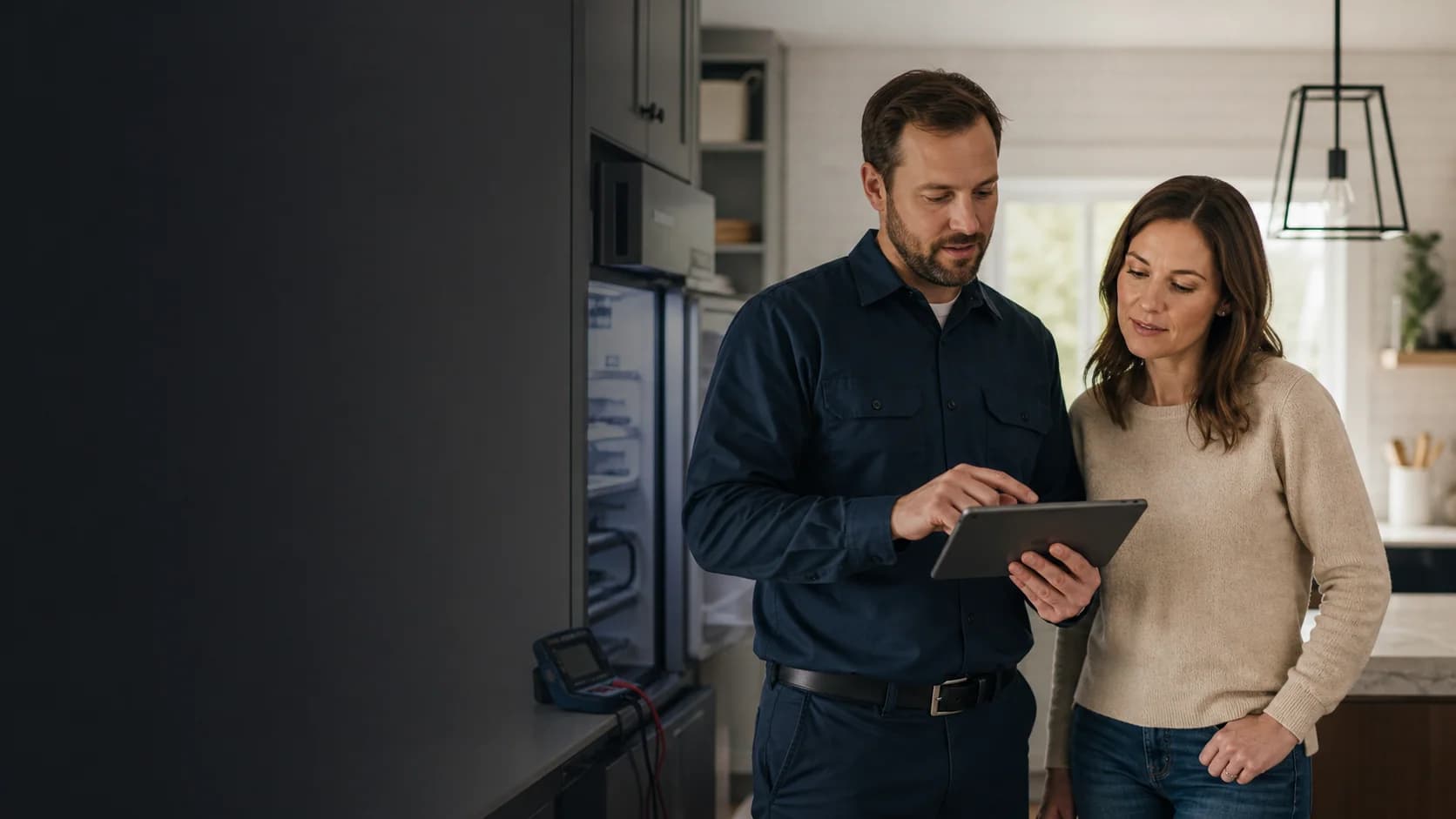 Technician explaining a repair estimate to a homeowner before work begins