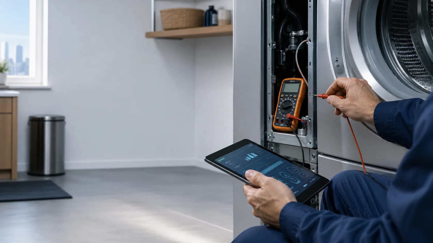 Technician using diagnostic tools on a household appliance