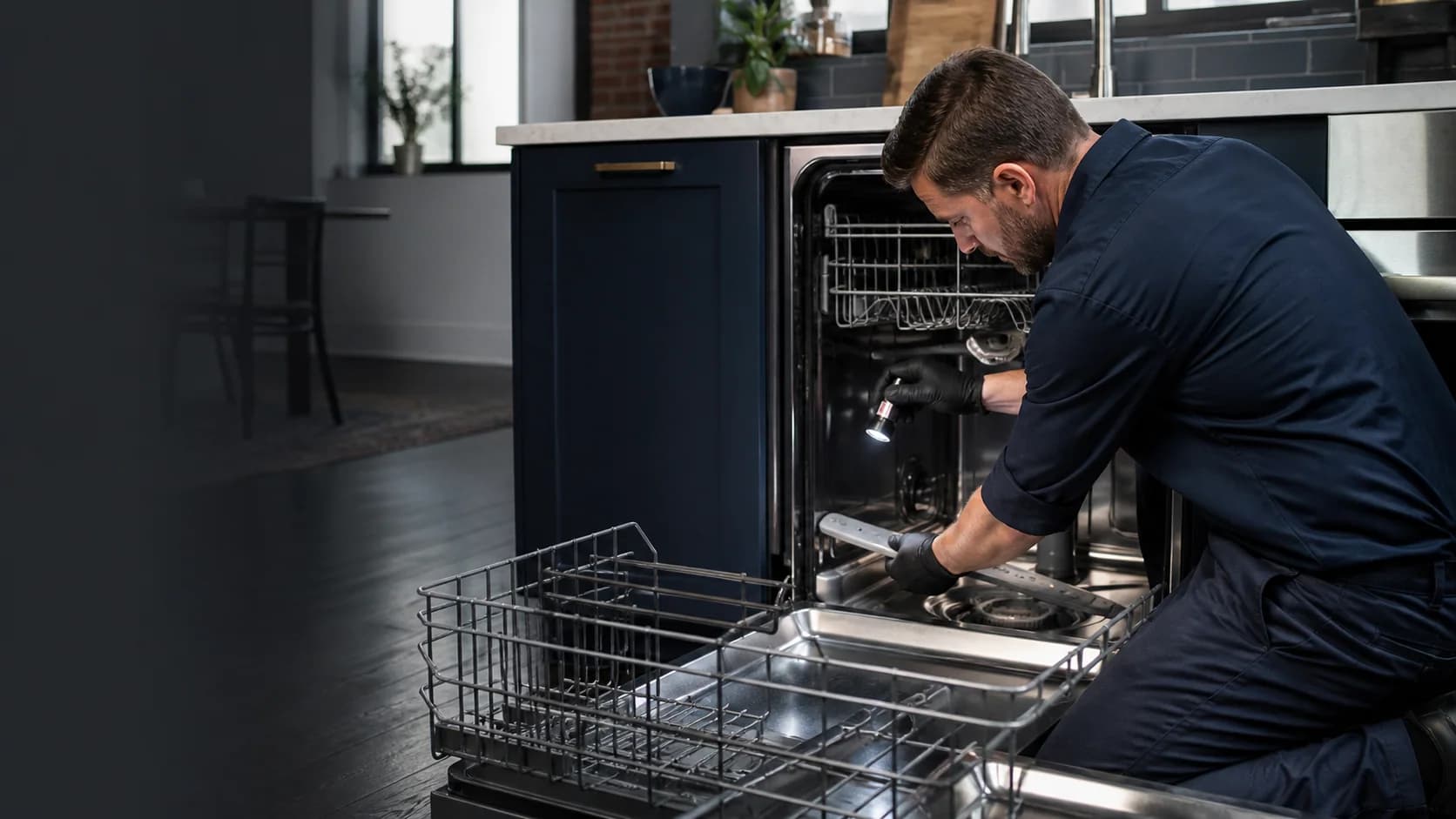 Technician inspecting the spray arm inside a built-in dishwasher