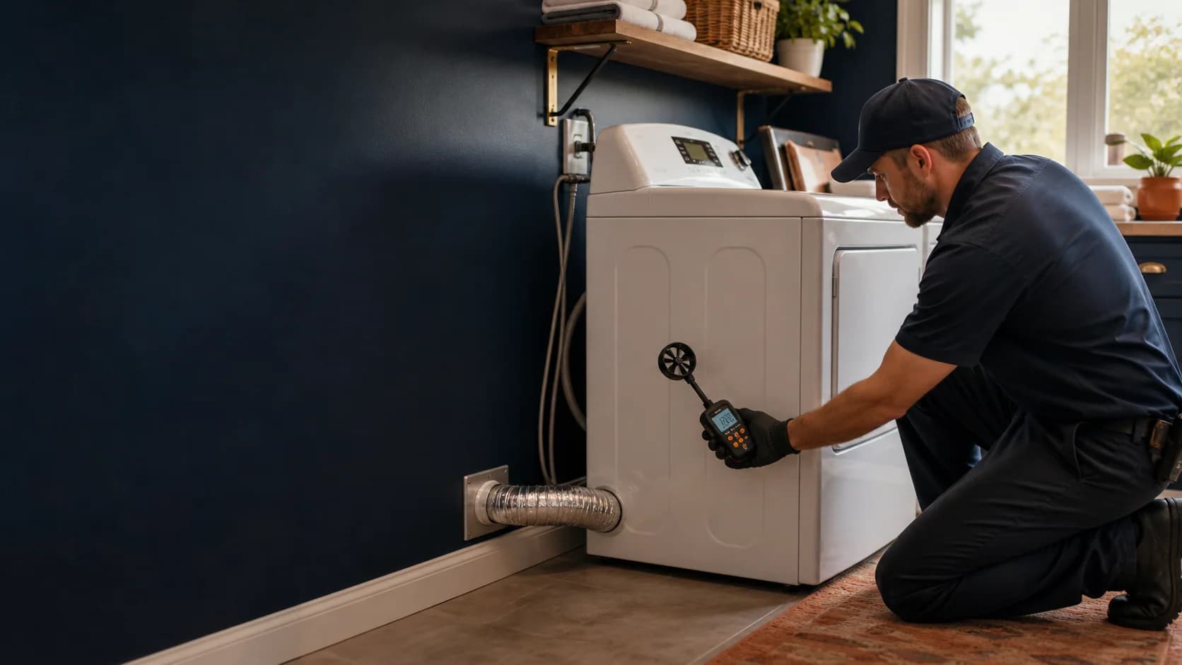 Technician checking airflow at a residential clothes dryer vent