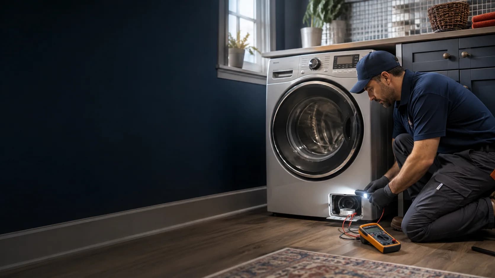 Technician diagnosing the drain system of a front-loading washing machine
