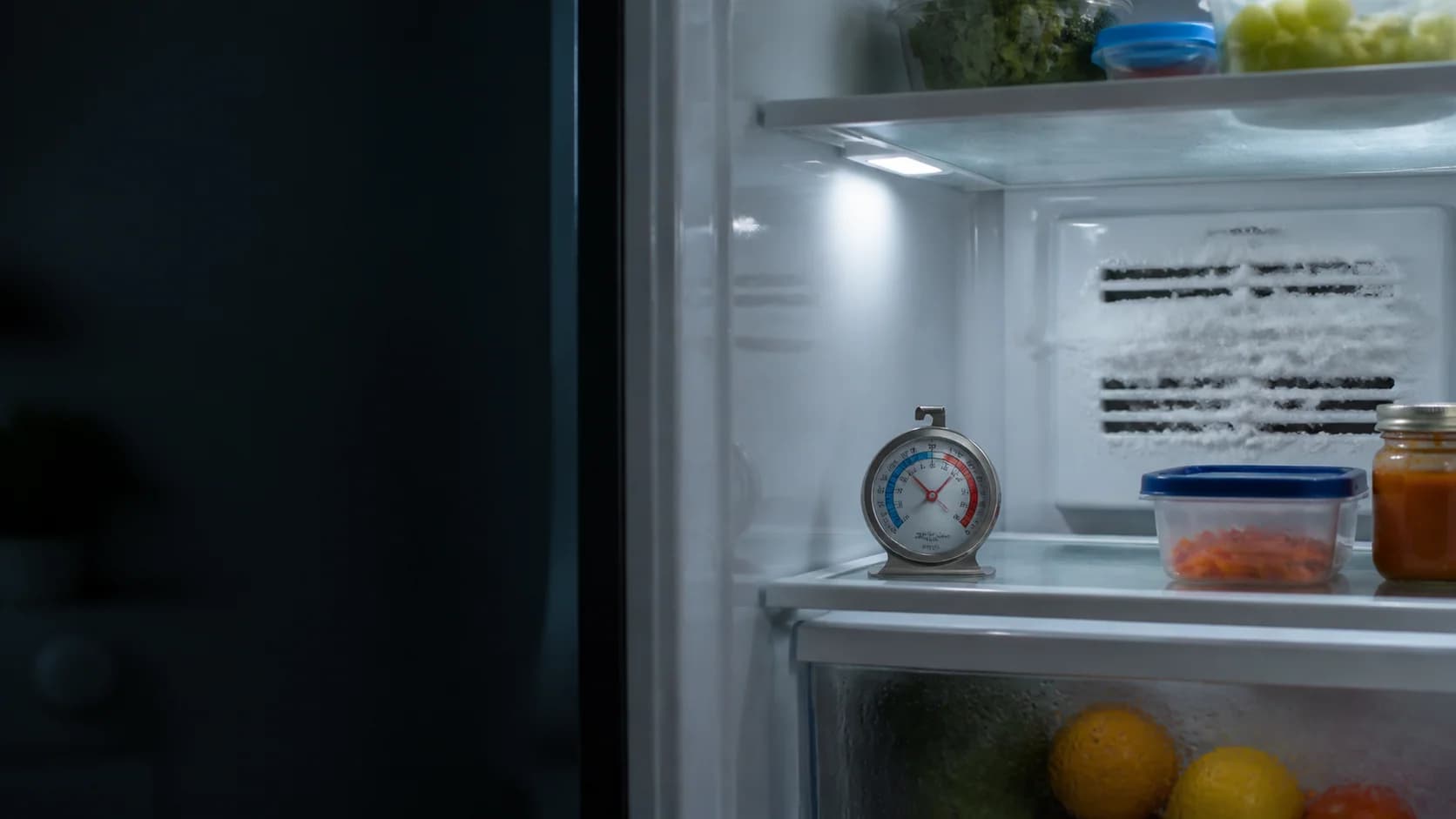 Warm refrigerator compartment with a thermometer and an iced-over air vent