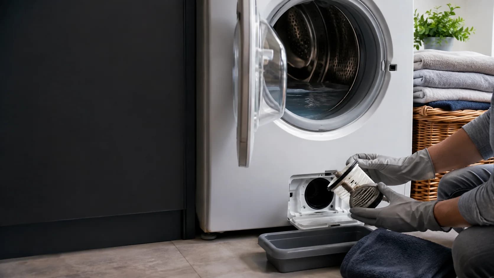 Standing water in a washing machine while its drain filter is checked