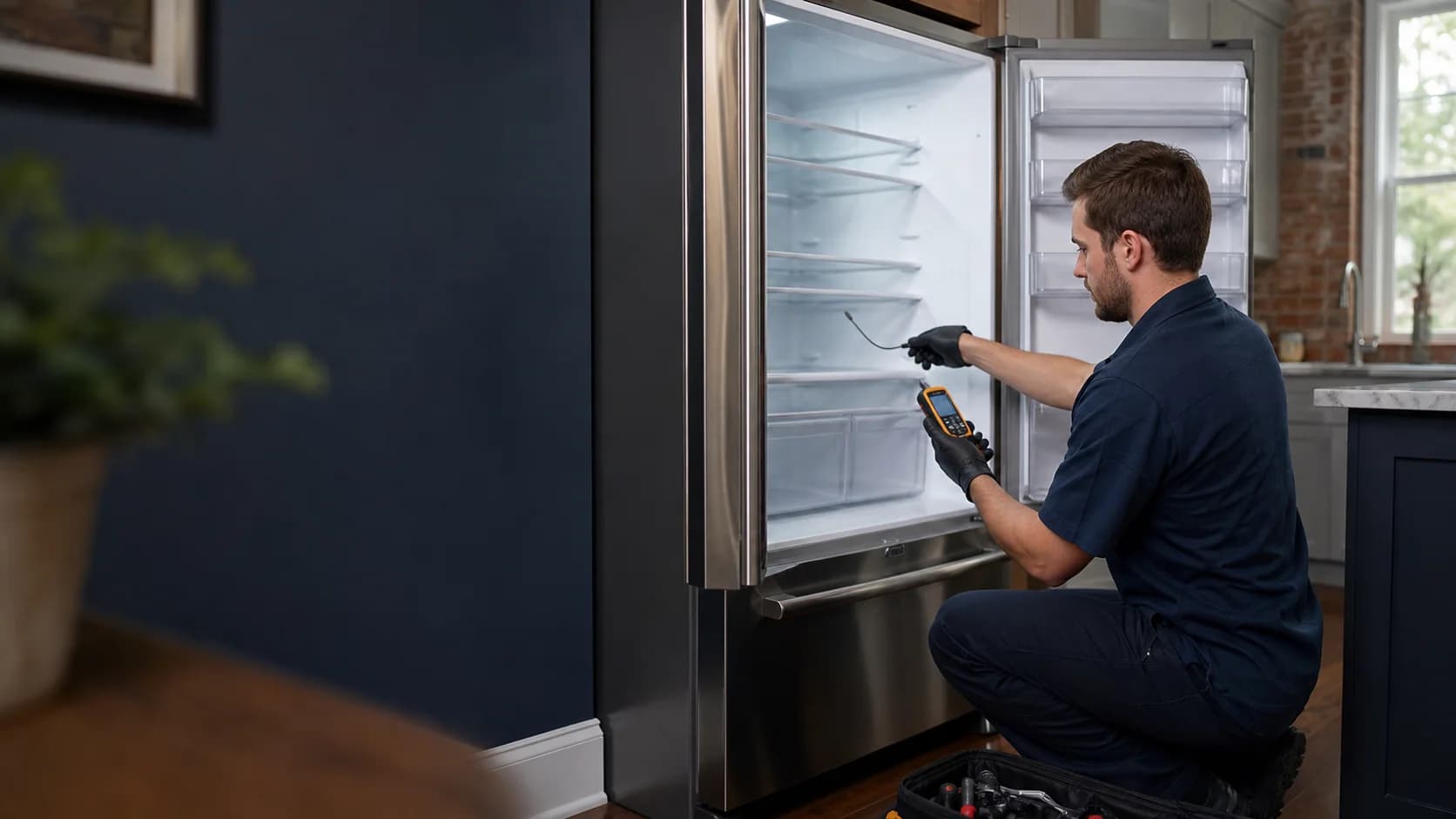 Technician measuring the temperature inside a residential refrigerator