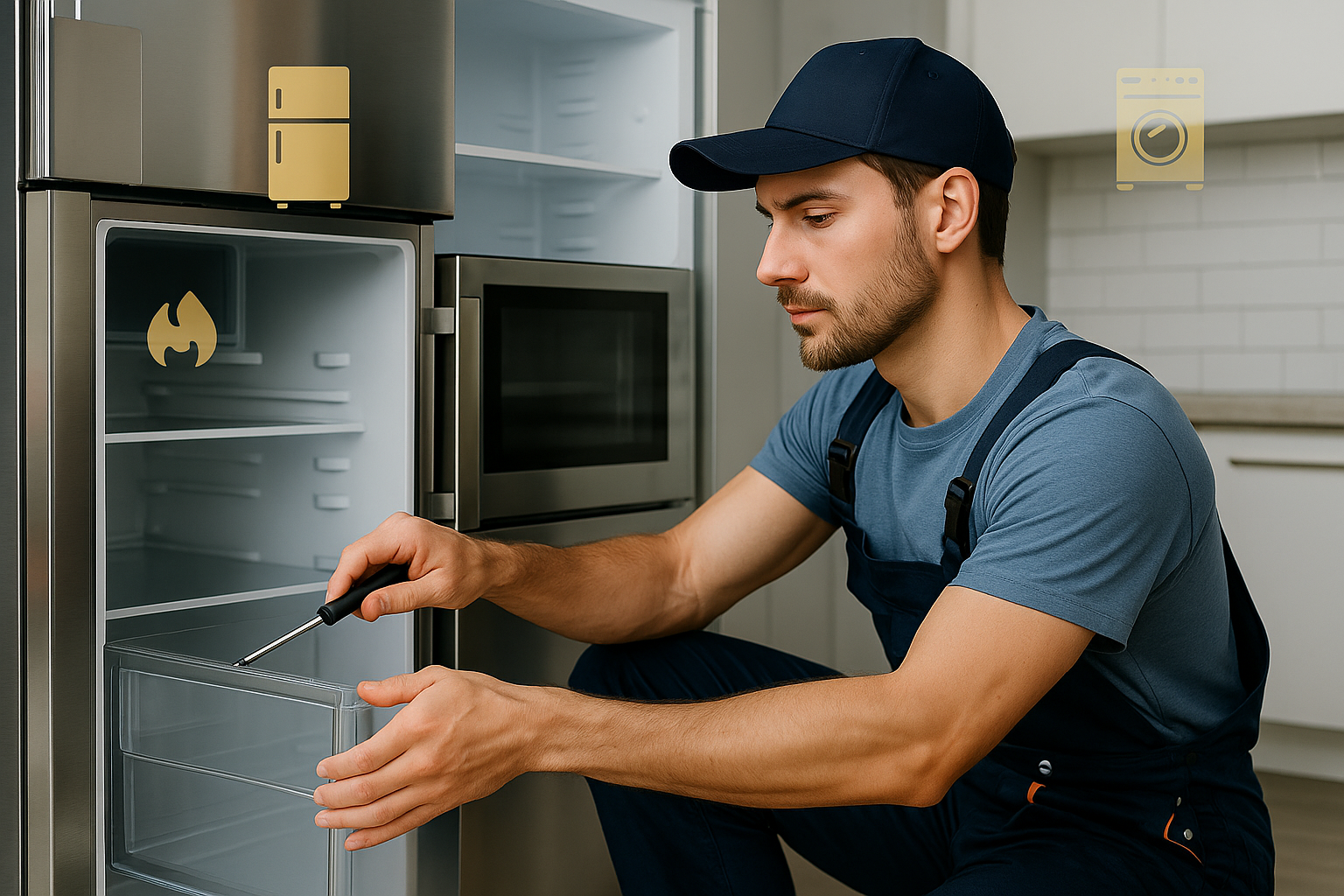 Appliance technician repairing fridge